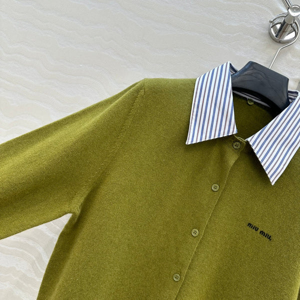 Miumiu Detachable Shirt Cardigan Olive Green Collar and Cashmere