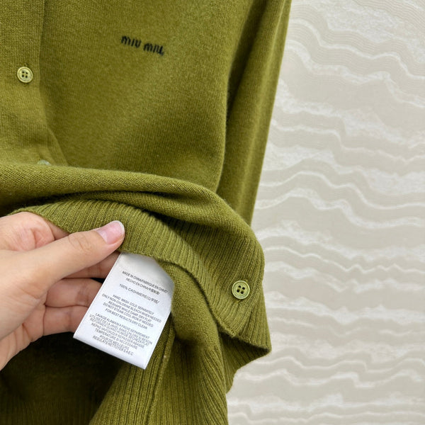 Miumiu Detachable Shirt Cardigan Olive Green Collar and Cashmere