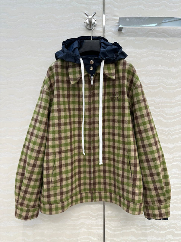 Miumiu Faux Two-Piece Detachable Hood Plaid Jacket Green Polyester