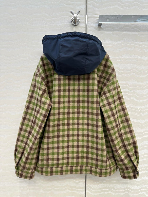 Miumiu Faux Two-Piece Detachable Hood Plaid Jacket Green Polyester