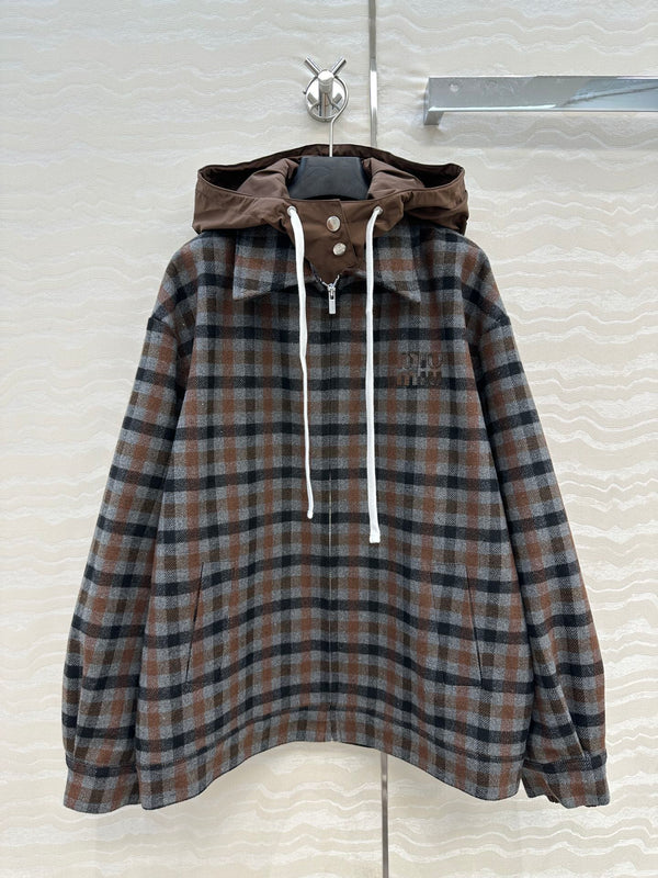 Miumiu Faux Two-Piece Detachable Hood Plaid Jacket Brown Polyester