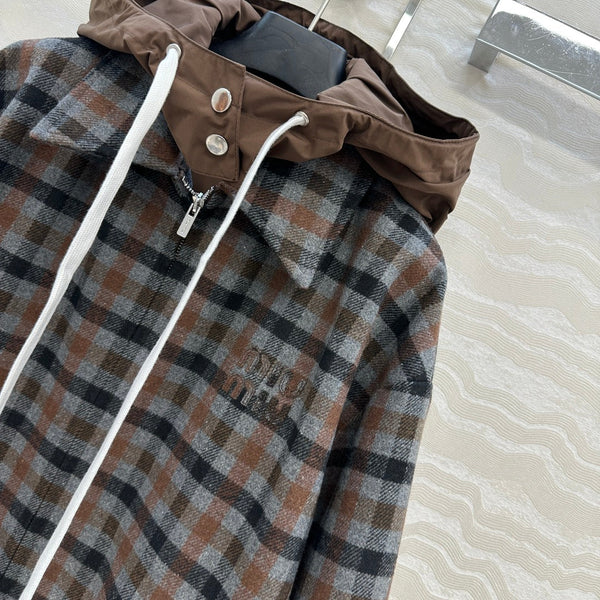 Miumiu Faux Two-Piece Detachable Hood Plaid Jacket Brown Polyester
