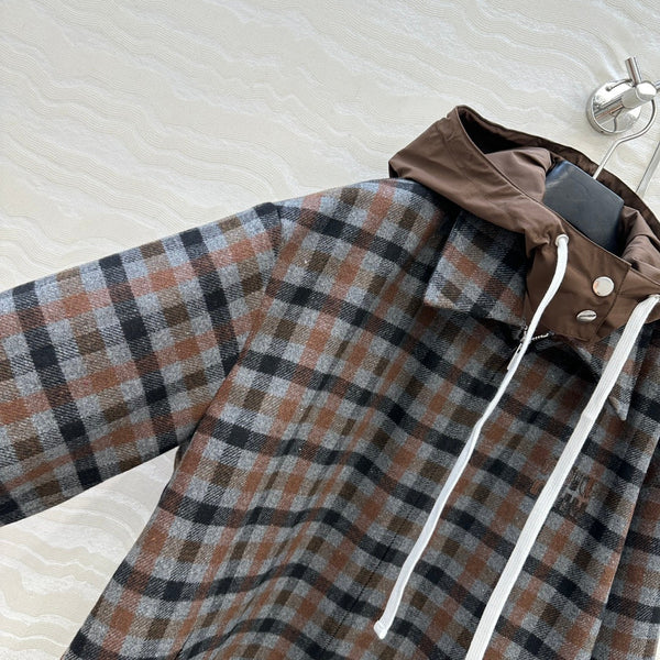 Miumiu Faux Two-Piece Detachable Hood Plaid Jacket Brown Polyester