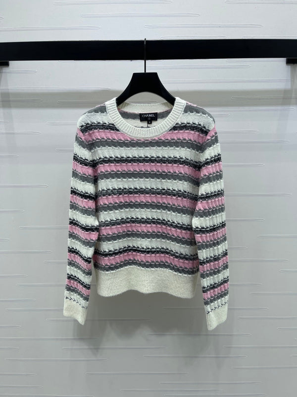 CC 25 Maglione a maniche lunghe lavorato a maglia a righe in cashmere bianco