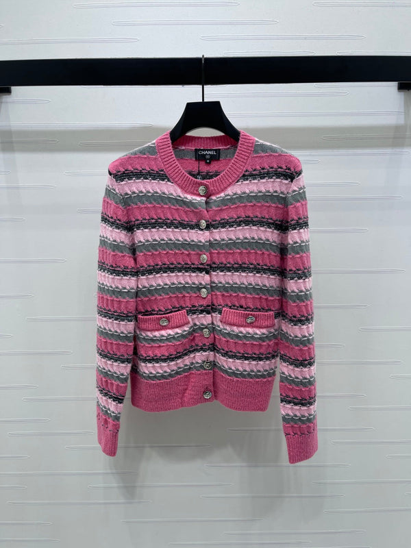 CC 25 Striped Knitted Long-Sleeved Pocket Cardigan Pink Tencel