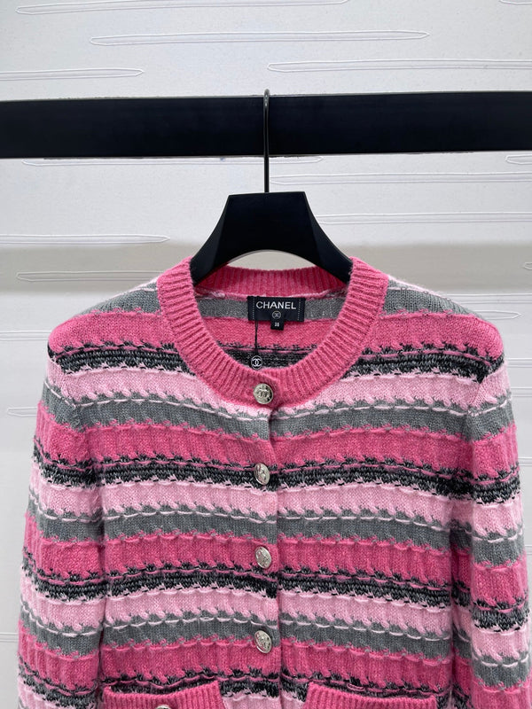 CC 25 Striped Knitted Long-Sleeved Pocket Cardigan Pink Tencel