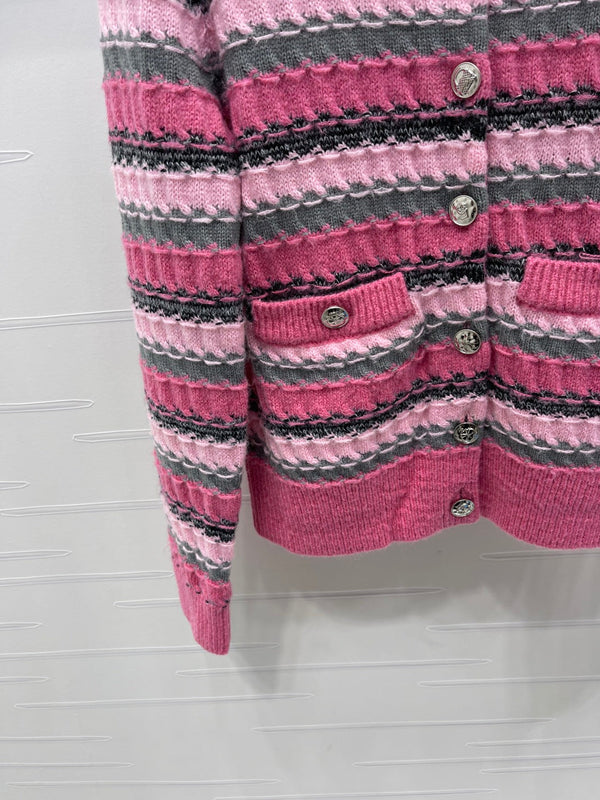 CC 25 Striped Knitted Long-Sleeved Pocket Cardigan Pink Tencel