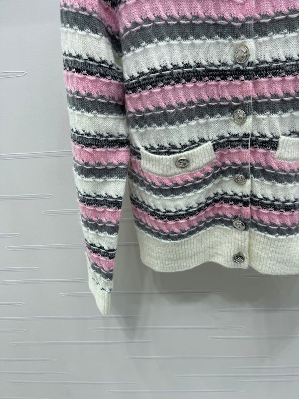 CC 25 Striped Knitted Long-Sleeved Pocket Cardigan White Tencel