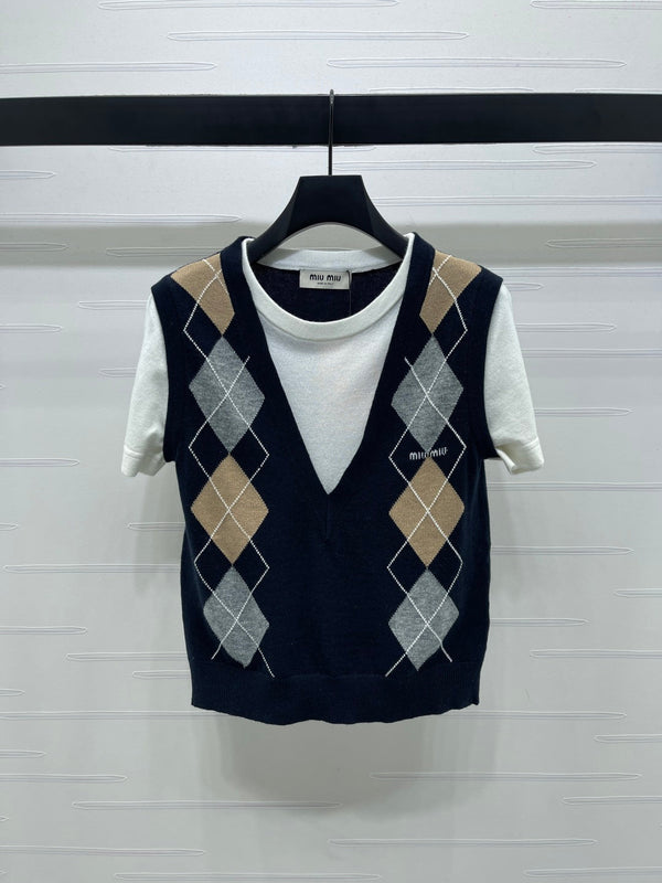 Miumiu Faux Two-Piece Knitted Short-Sleeves Vest Black and White Cashmere