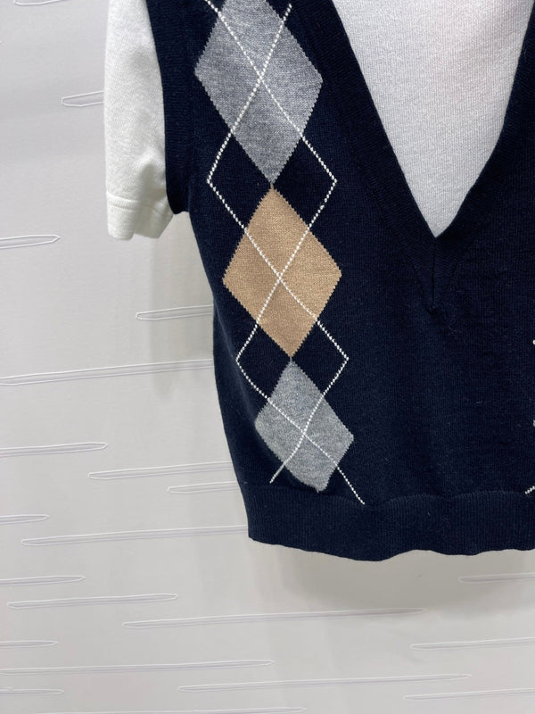 Miumiu Faux Two-Piece Knitted Short-Sleeves Vest Black and White Cashmere