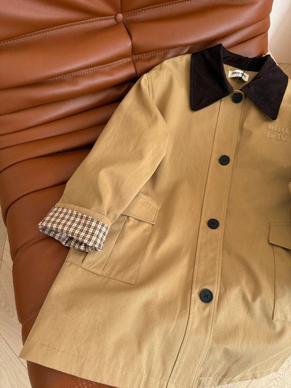 Miumiu Mid-Length Corduroy Collar Trench Coat Beige Cotton