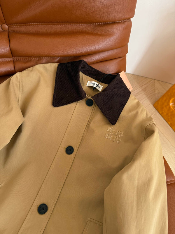 Miumiu Mid-Length Corduroy Collar Trench Coat Beige Cotton