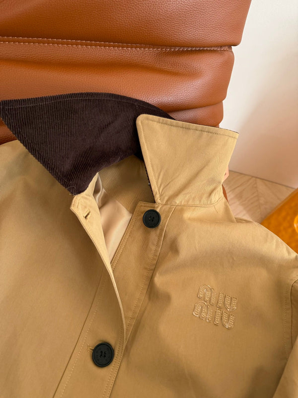 Miumiu Mid-Length Corduroy Collar Trench Coat Beige Cotton