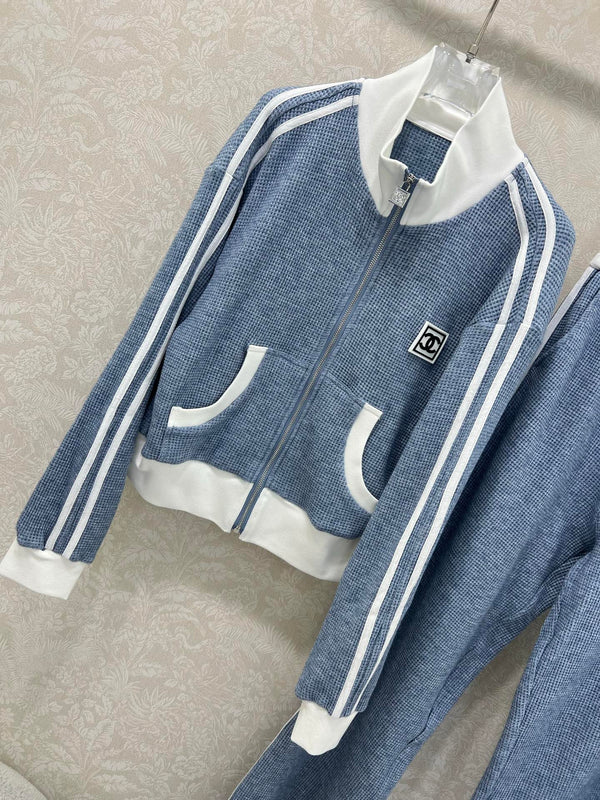 CC 25 Collar Jacket and Casual Trousers Waffle Suit Blue Rayon