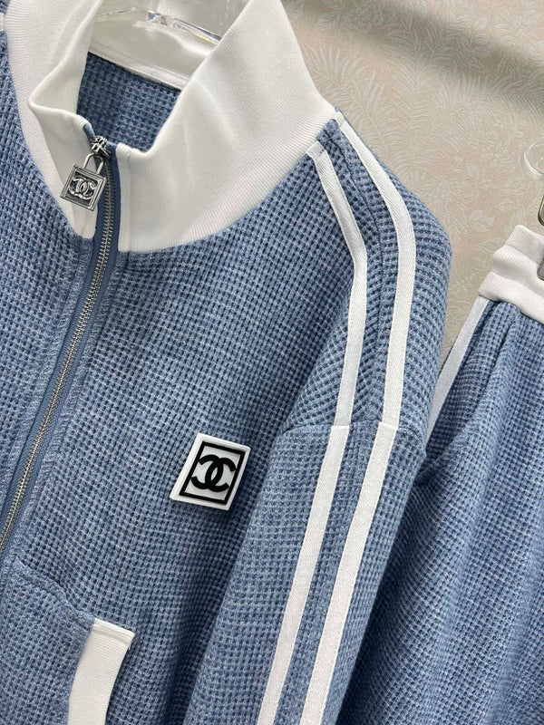 CC 25 Collar Jacket and Casual Trousers Waffle Suit Blue Rayon