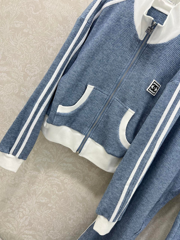 CC 25 Collar Jacket and Casual Trousers Waffle Suit Blue Rayon