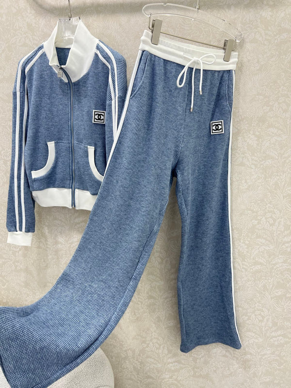 CC 25 Collar Jacket and Casual Trousers Waffle Suit Blue Rayon