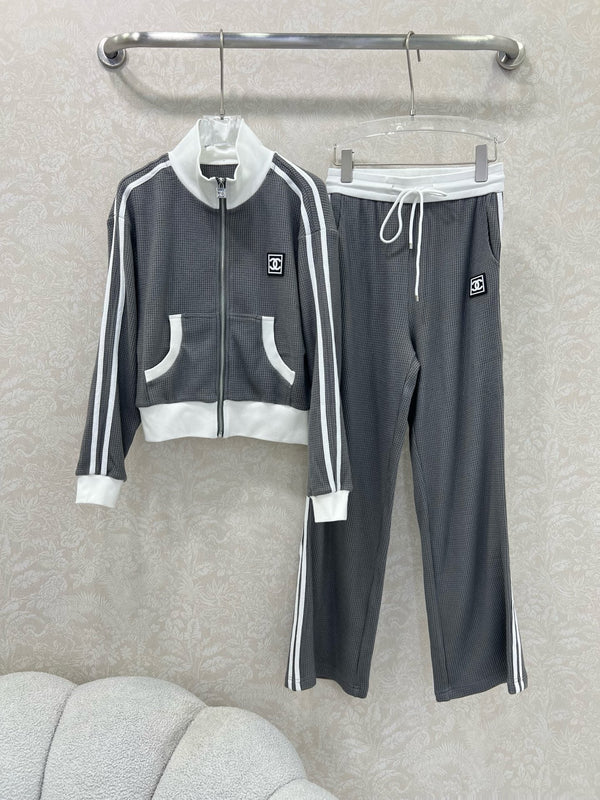 CC 25 Collar Jacket and Casual Trousers Waffle Suit Gray Rayon