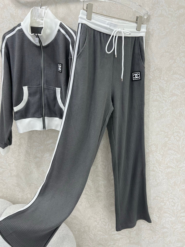 CC 25 Collar Jacket and Casual Trousers Waffle Suit Gray Rayon