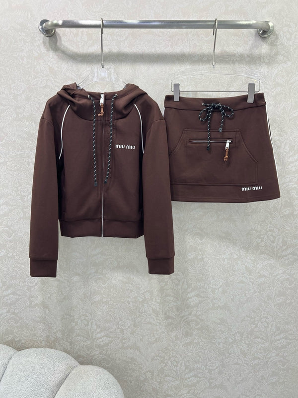 Miumiu Hooded Jacket and Skirt Set Brown Cotton
