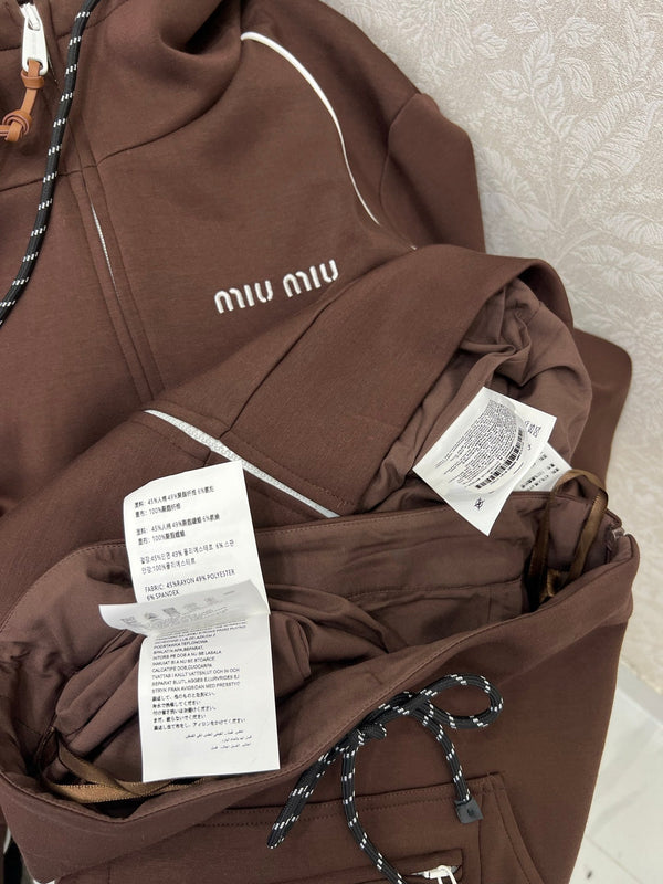 Miumiu Hooded Jacket and Skirt Set Brown Cotton