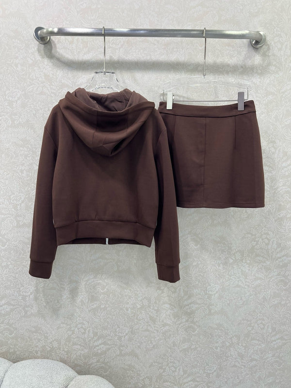 Miumiu Hooded Jacket and Skirt Set Brown Cotton