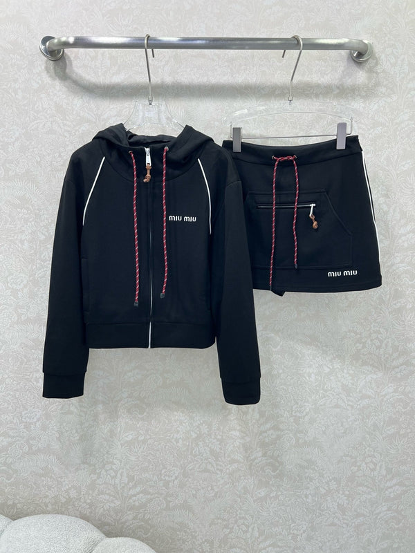 Miumiu Hooded Jacket and Skirt Set Black Cotton