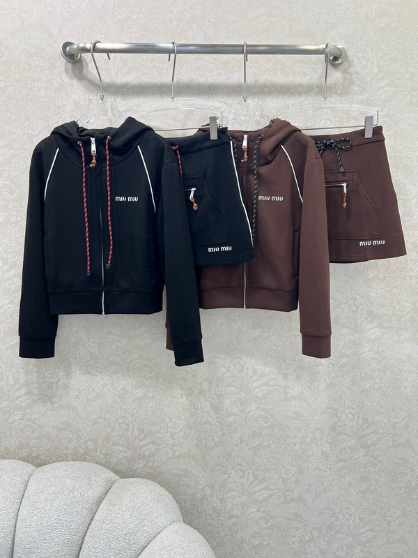 Miumiu Hooded Jacket and Skirt Set Black Cotton