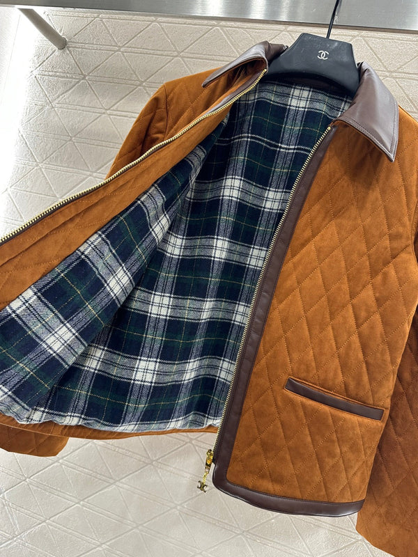 CE Contrast Color Padded Suede Jacket Dark Brown Polyester