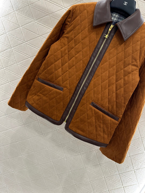 CE Contrast Color Padded Suede Jacket Dark Brown Polyester