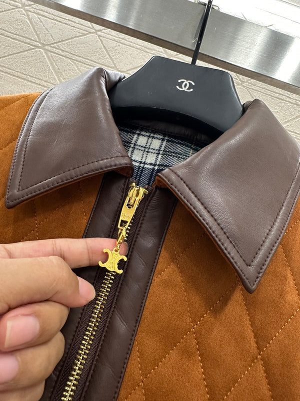 CE Contrast Color Padded Suede Jacket Dark Brown Polyester