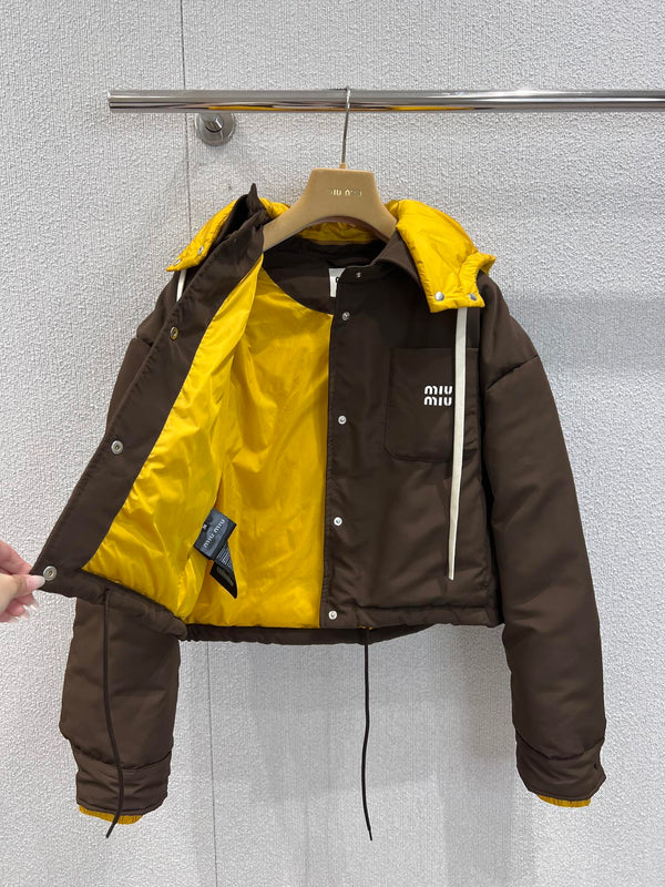 Miumiu 25FW Detachable Hooded Lapel Jacket Dark Brown Down Polyester