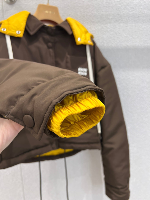 Miumiu 25FW Detachable Hooded Lapel Jacket Dark Brown Down Polyester