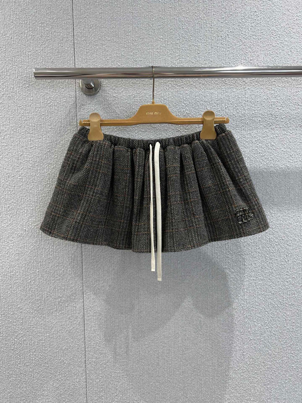 Miumiu 25FW Drawstring Mini A-Line Flared Skirt Brown Viscose