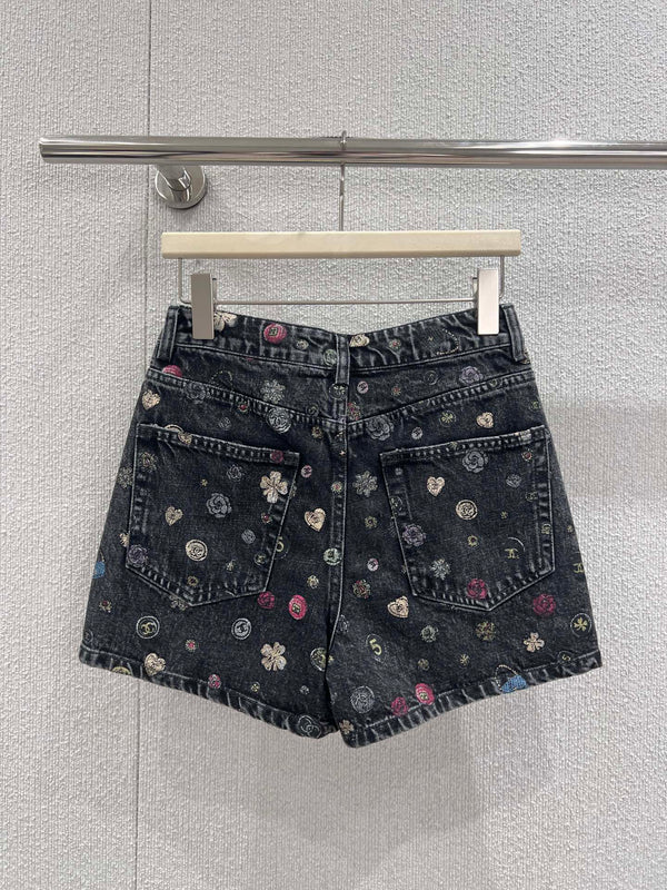 CC 25 Flower Jean Shorts Dark Gray Cotton