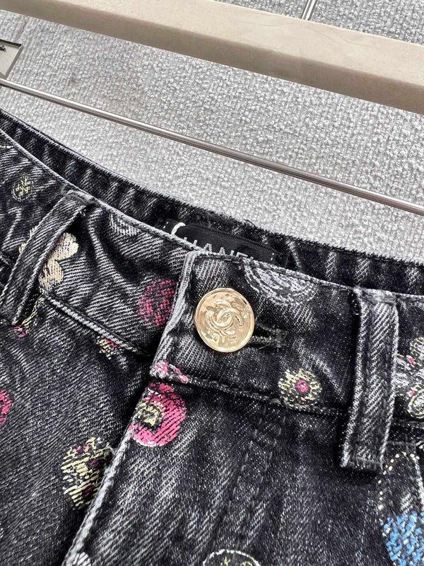 CC 25 Flower Jean Shorts Dark Gray Cotton