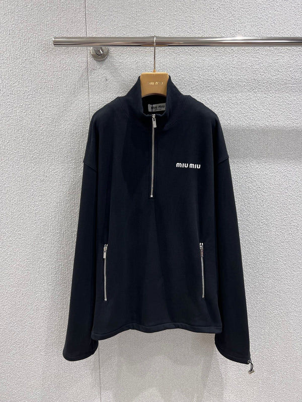 Miumiu 25FW Micro-logo Embroidered Half-zip Sweatshirt Black Cotton
