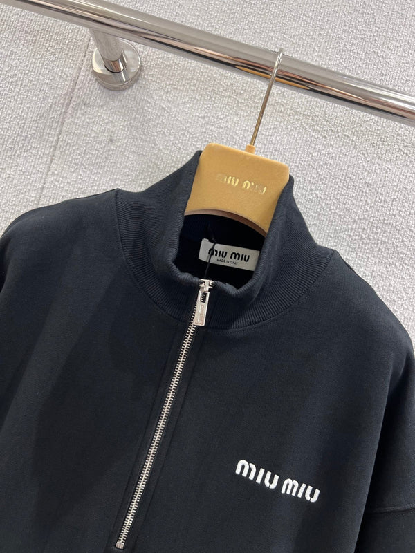 Miumiu 25FW Micro-logo Embroidered Half-zip Sweatshirt Black Cotton