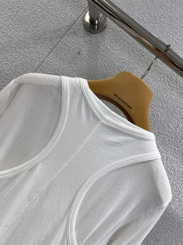 Miumiu 25FW Micro-Logo Fake Two-Piece Long-Sleeve T-Shirt White Cotton