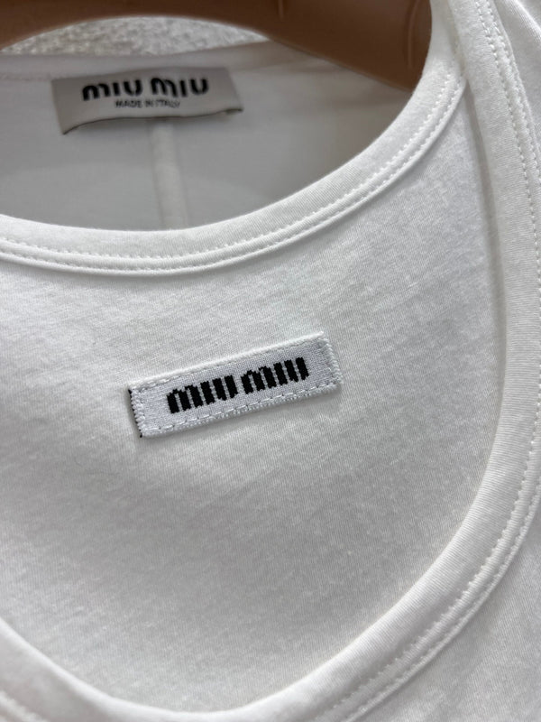 Miumiu 25FW Micro-Logo Fake Two-Piece Long-Sleeve T-Shirt White Cotton