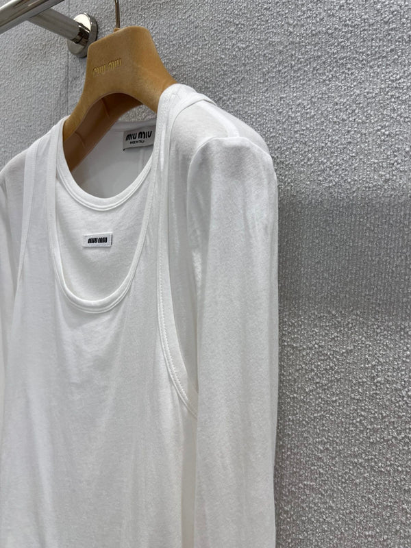 Miumiu 25FW Micro-Logo Fake Two-Piece Long-Sleeve T-Shirt White Cotton