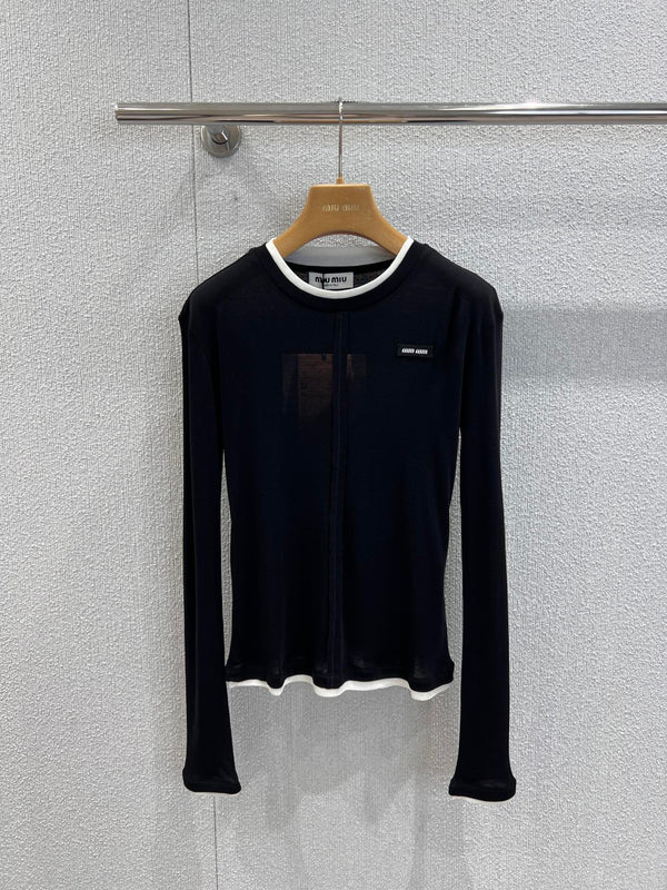 Miumiu 25FW Tencel Wool Fake Two-Piece Long-Sleeved T-Shirt Black Wool