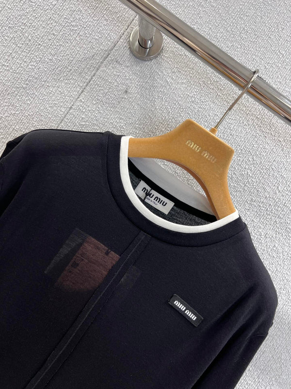 Miumiu 25FW Tencel Wool Fake Two-Piece Long-Sleeved T-Shirt Black Wool