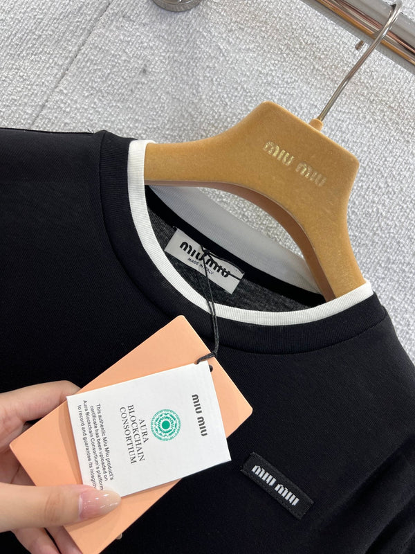 Miumiu 25FW Tencel Wool Fake Two-Piece Long-Sleeved T-Shirt Black Wool