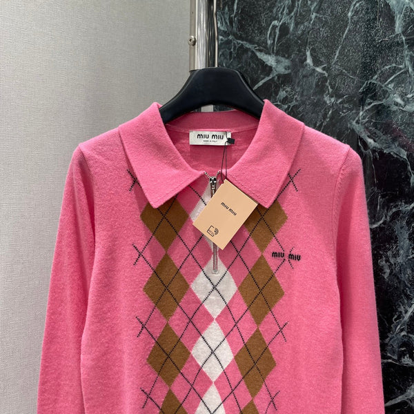 Miumiu 25 Diamond Half-Placket Knitted Sweater Pink Cashmere