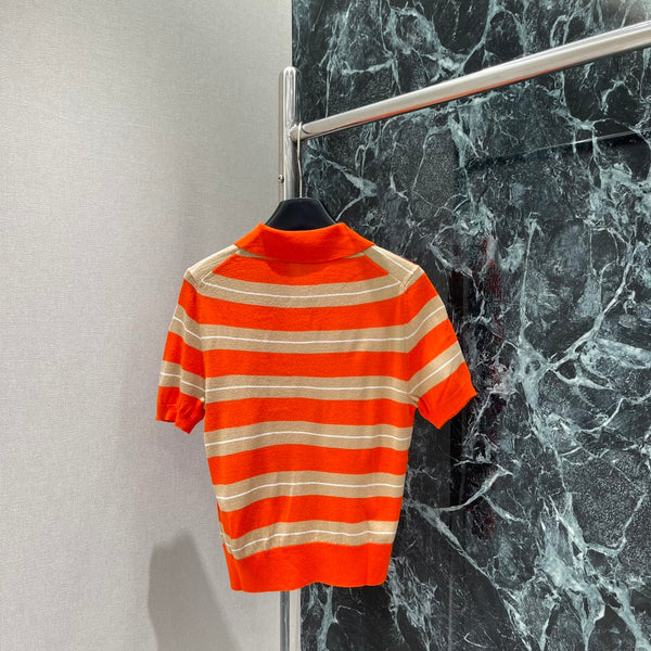 Miumiu 25 Striped Lapel Knitted Short Sleeves Shirt Wool