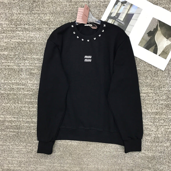 Miumiu 25 Crewneck Sweatshirt with 3D Rhinestone Logo Cotton