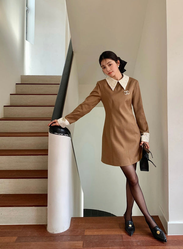 CC 25 Abito a trapezio a maniche lunghe in poliestere marrone