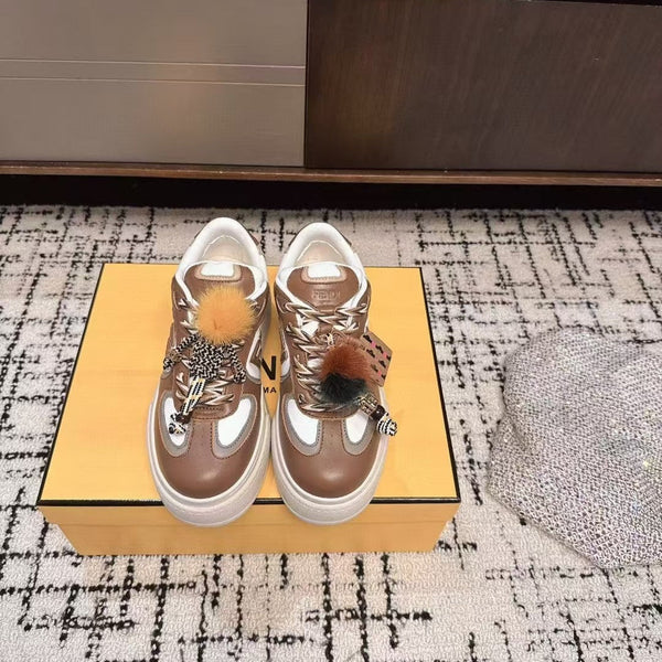 Fendi 25ss Thick-Sole Match Sneakers Coffee Brown Cowhide 470467