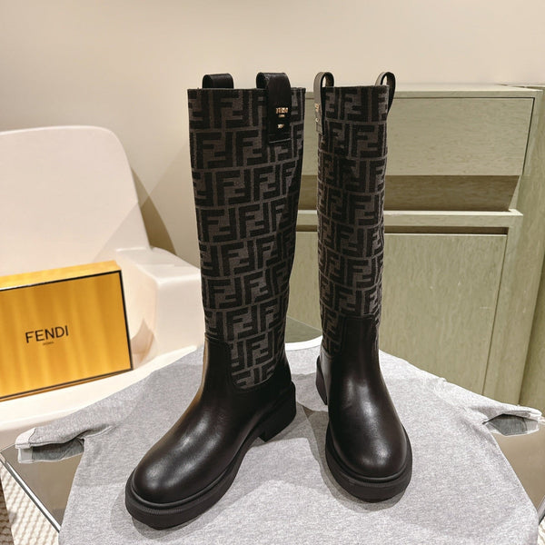 Fendi Long Boots F Pattern Black Cowhide 463749